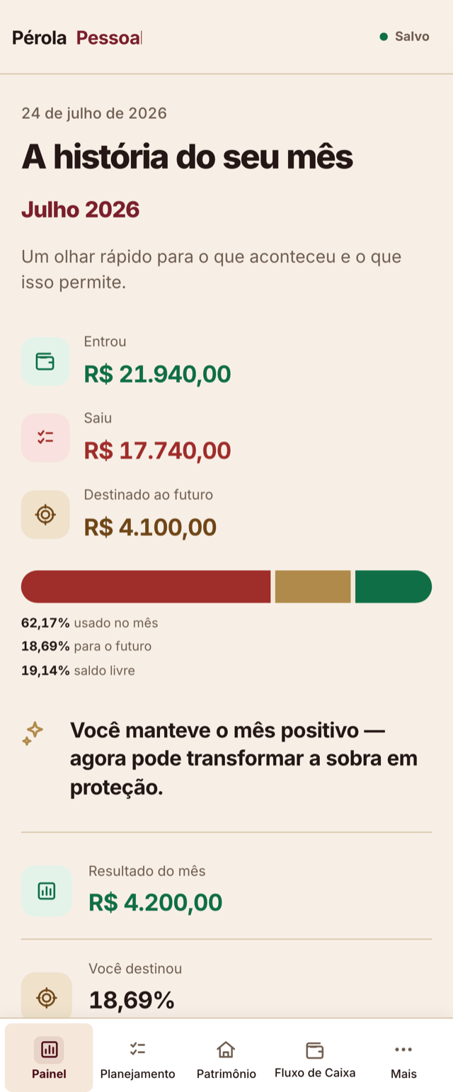 Painel do Pérola Pessoal no celular